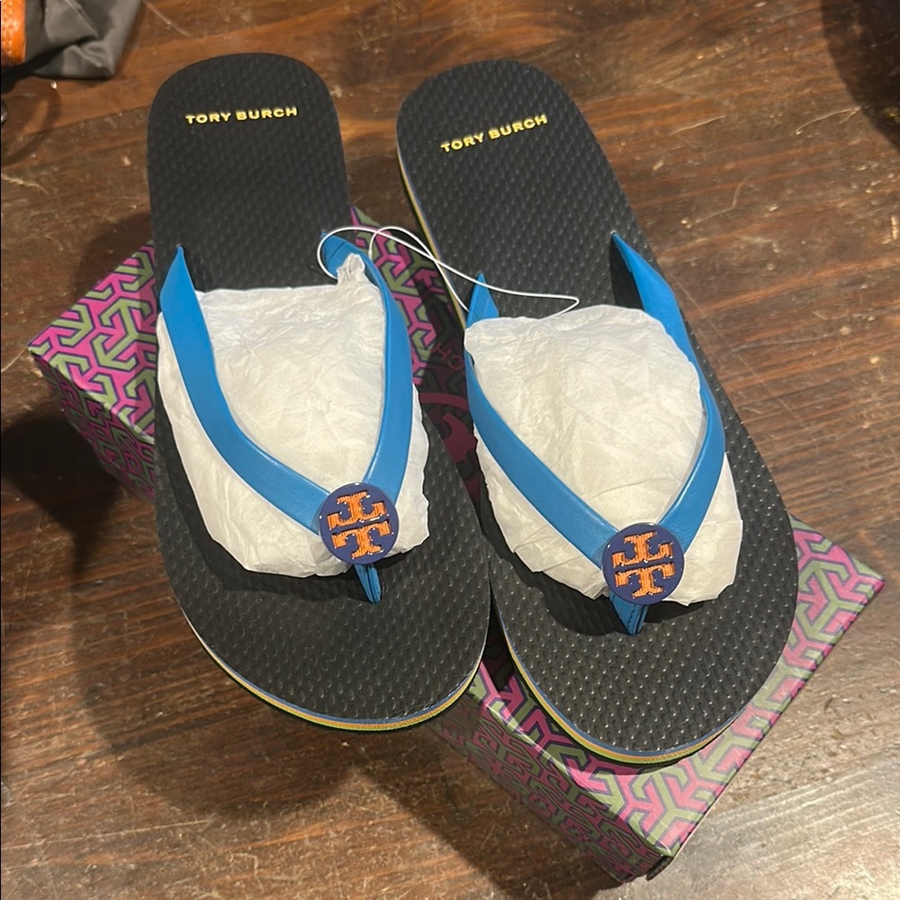 Tory Burch Black and Blue Flip Flops